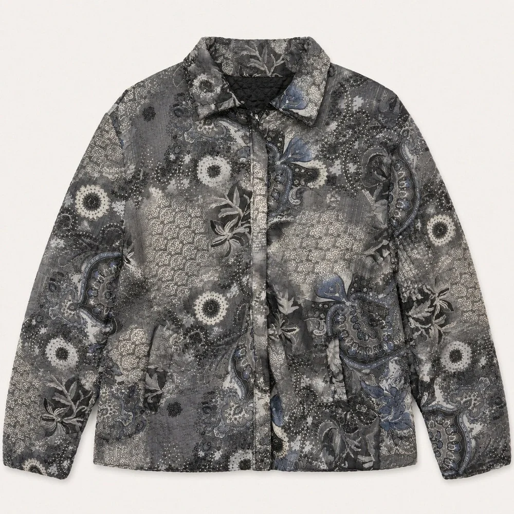 Vtg Y2K UbU Reversible Paisley Zip Jacket Metallic Floral Abstract Retro Silvr L